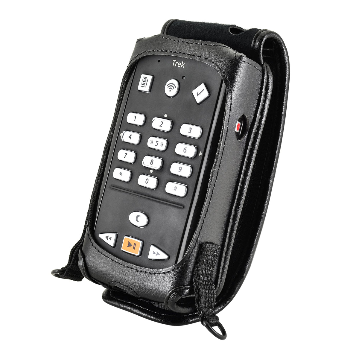 Front three-quarter view of Victor Reader Trek in the fitted case with its exposed controls and black protective flap folded behind.