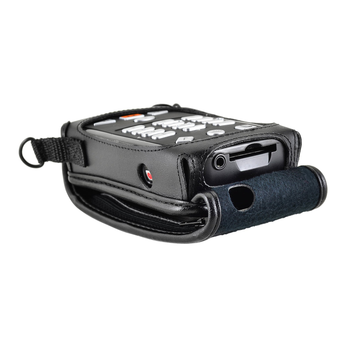 Bottom edge of Victor Reader Trek in its black case, showing headphone jack and SD card slot cutouts next to the folded cover.