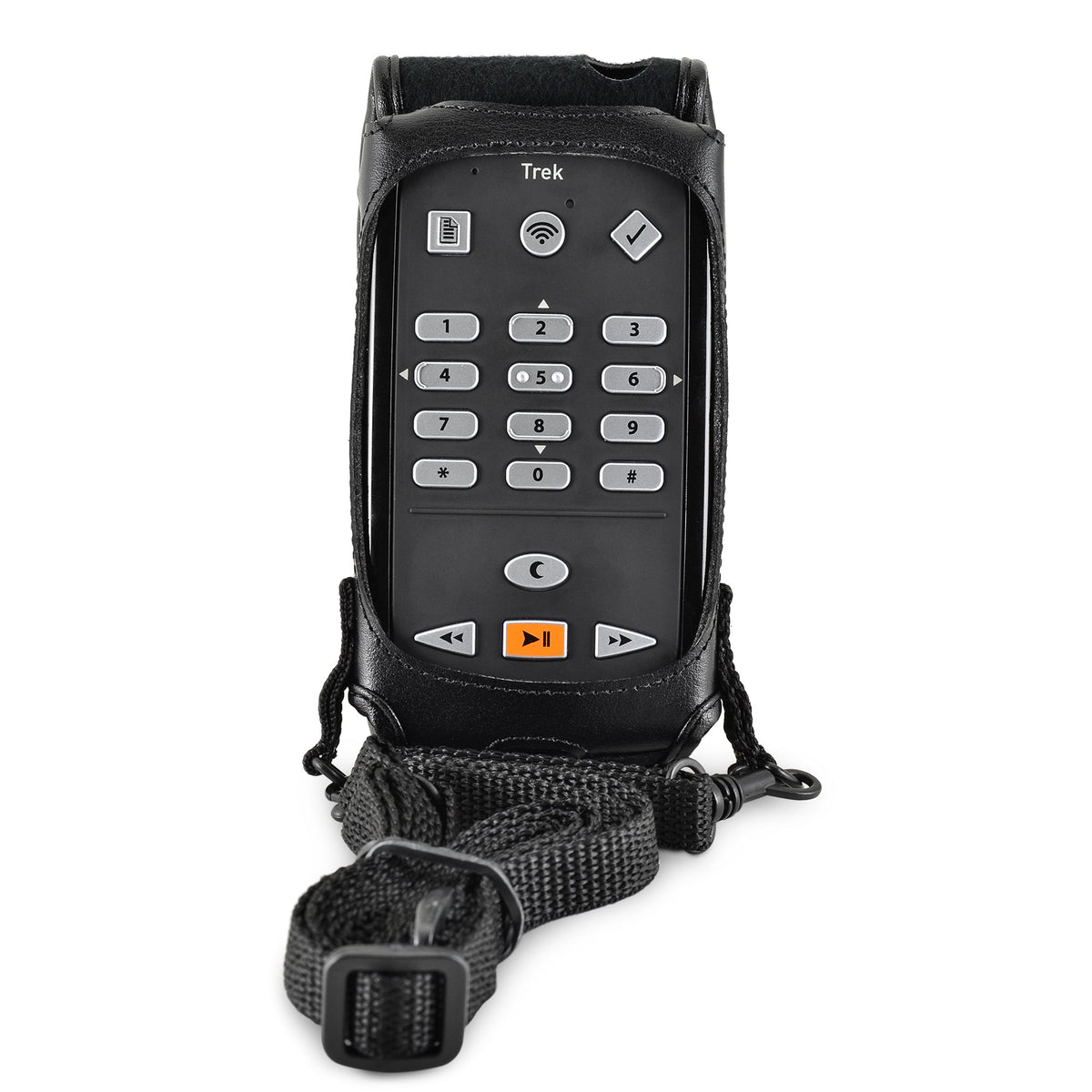 Front view of Victor Reader Trek in fitted case with long adjustable black shoulder strap coiled in front of the keypad.
