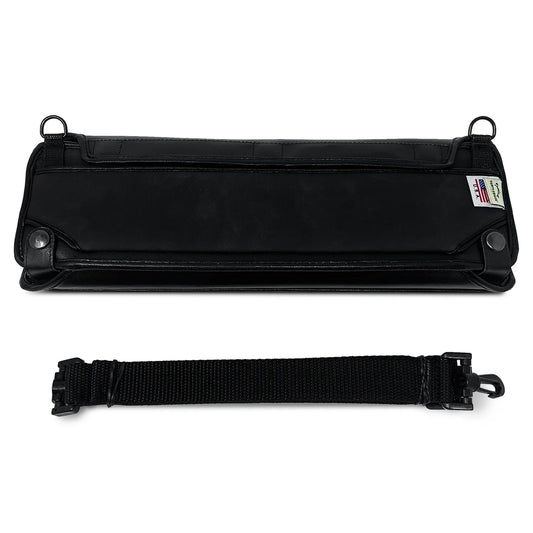 
Black leather case with a detachable black strap below it.
