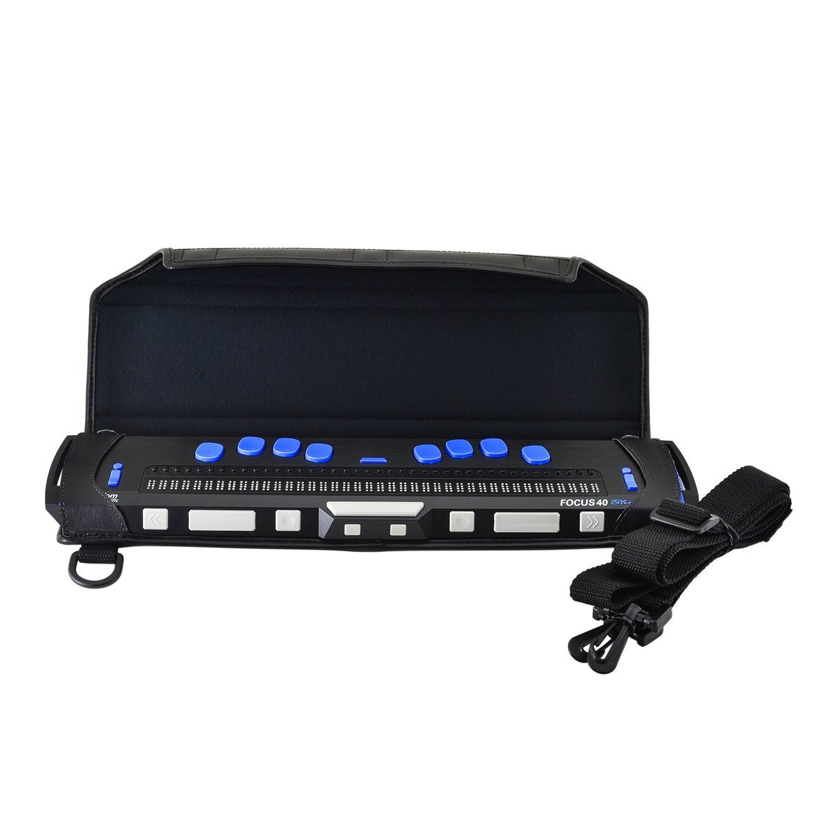 Freedom Scientific Focus 40 Blue 5th Generation braille display in open black Turtleback case, showing blue input keys, braille cells, gray front controls and a rolled shoulder strap.