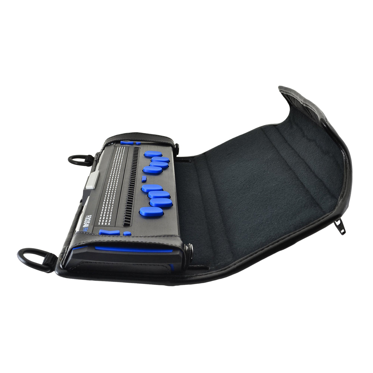 Angled view of the Focus 40 Blue 5th Generation in its open case with blue input keys and braille cells exposed beside the folded protective flap.