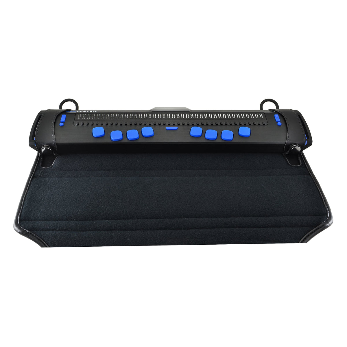 Front view of Focus 40 Blue 5th Generation in its fitted case with the wide padded flap folded down and blue braille controls accessible.