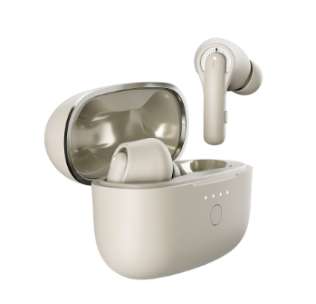 A pair of Tribit FlyBuds C1 Pros , resting in an open matching charging case with a metallic interior. One earbud is floating above the case.