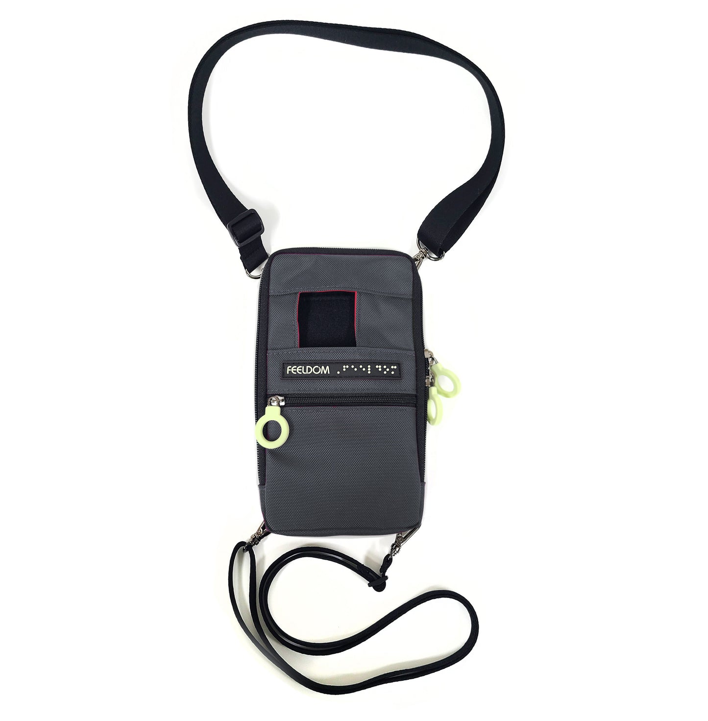 Front view of a gray Navi-Pal, with black shoulder and wrist straps attached.
