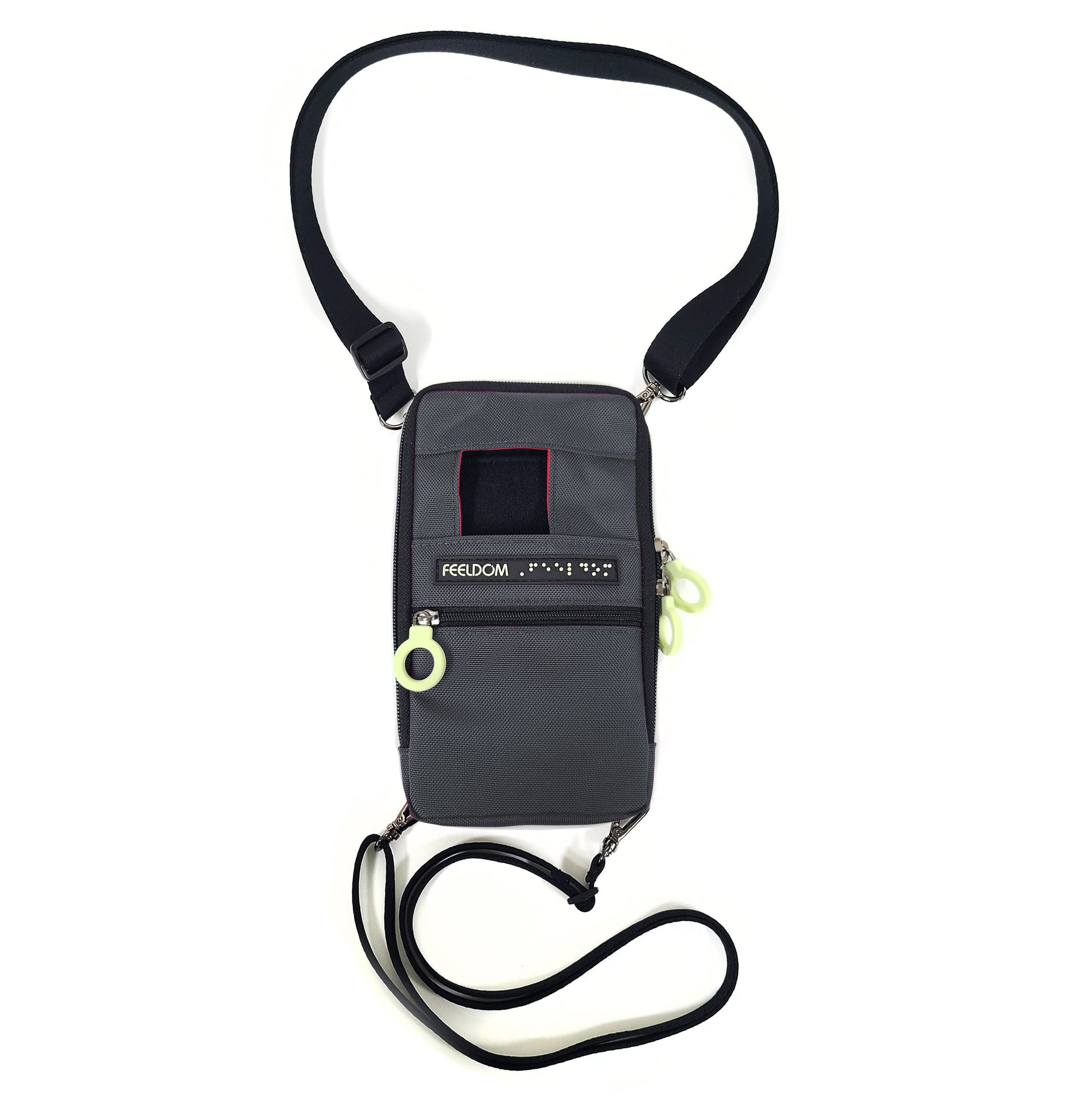 Front view of a gray Navi-Pal, with black shoulder and wrist straps attached.