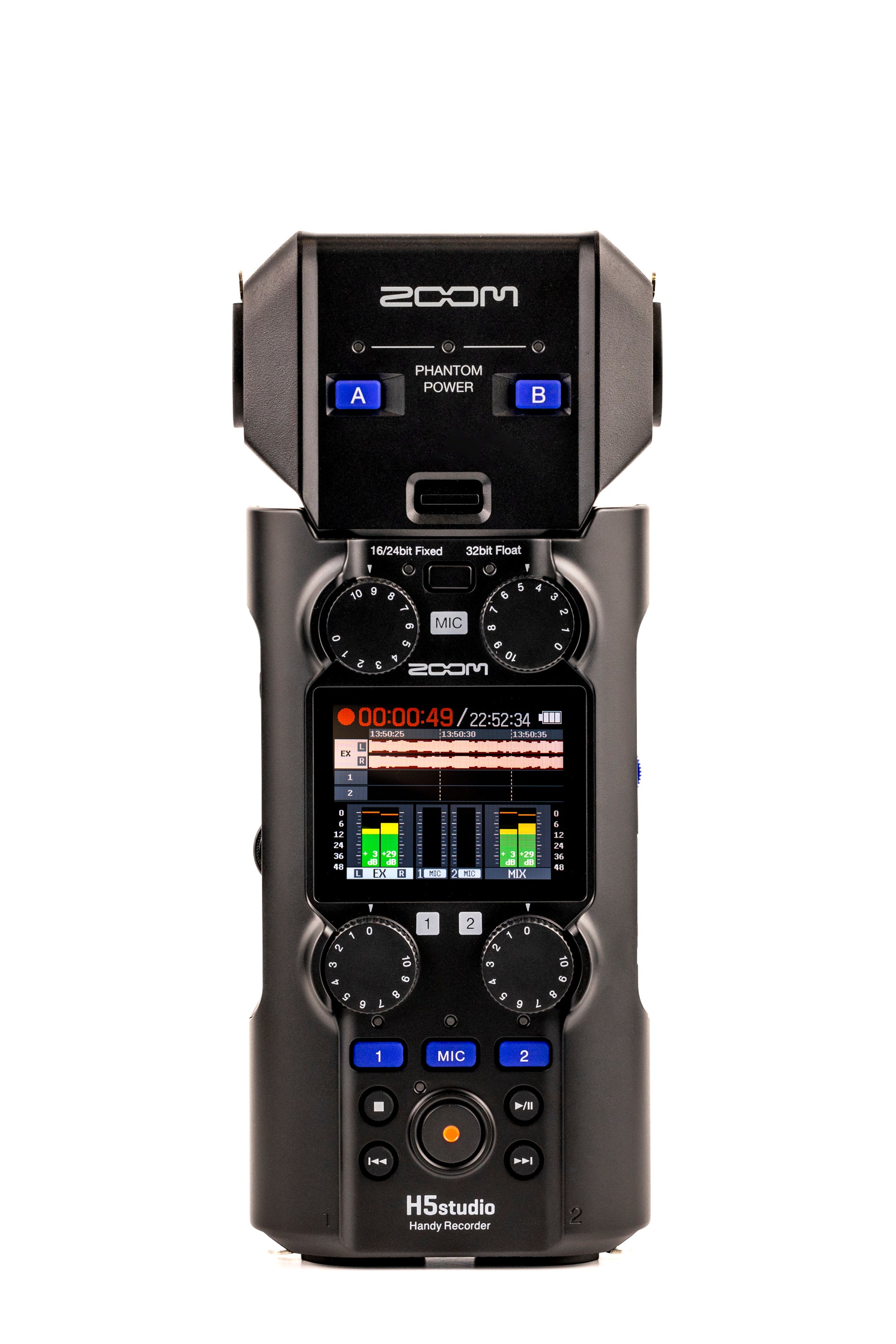 Front view of the Zoom H5studio recorder showing its dual XLR mic module with phantom power buttons, four gain dials, color display with waveform and levels, track selection buttons, and transport controls including a central orange record button.