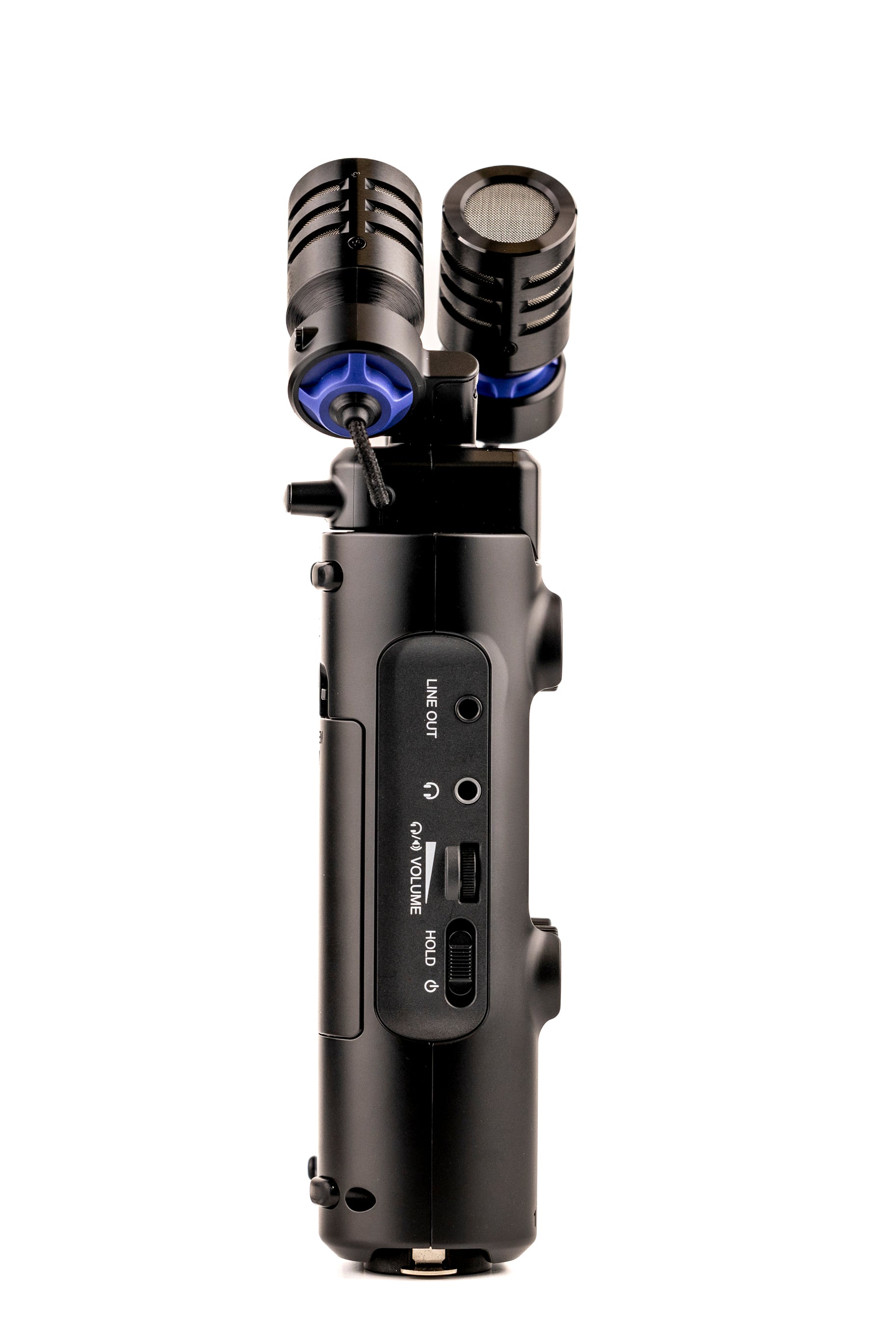 Side view of the Zoom H5studio handheld audio recorder showing its output and monitoring controls. 
