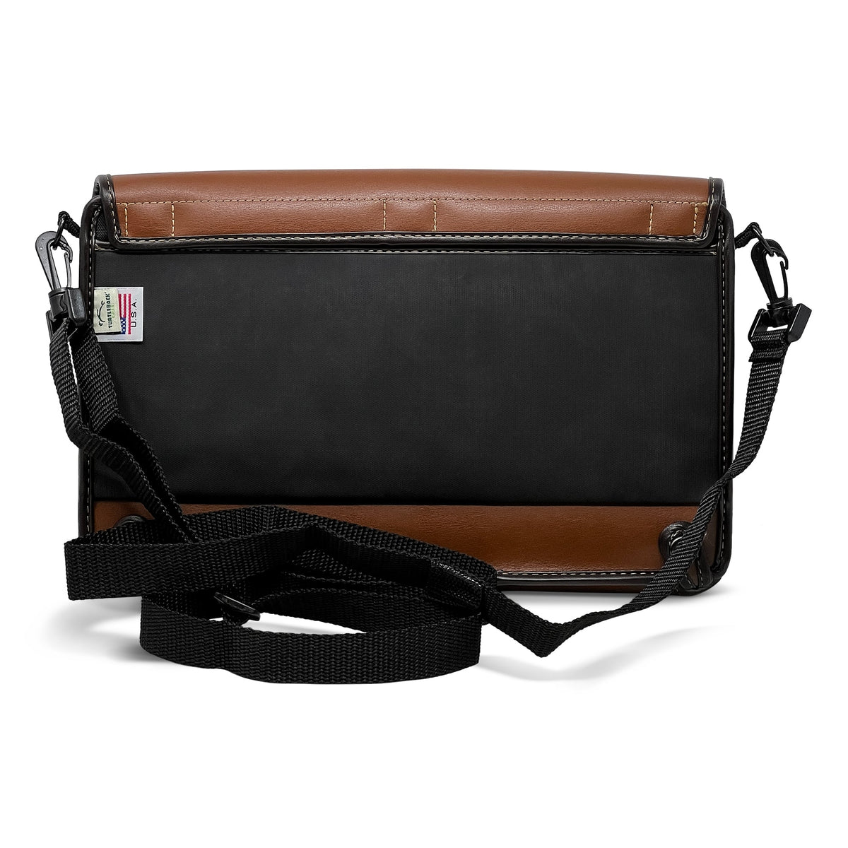 Back of the saddle-brown Mantis Q40 case with stitched leather panels, Turtleback USA label and an adjustable black shoulder strap clipped to both ends.