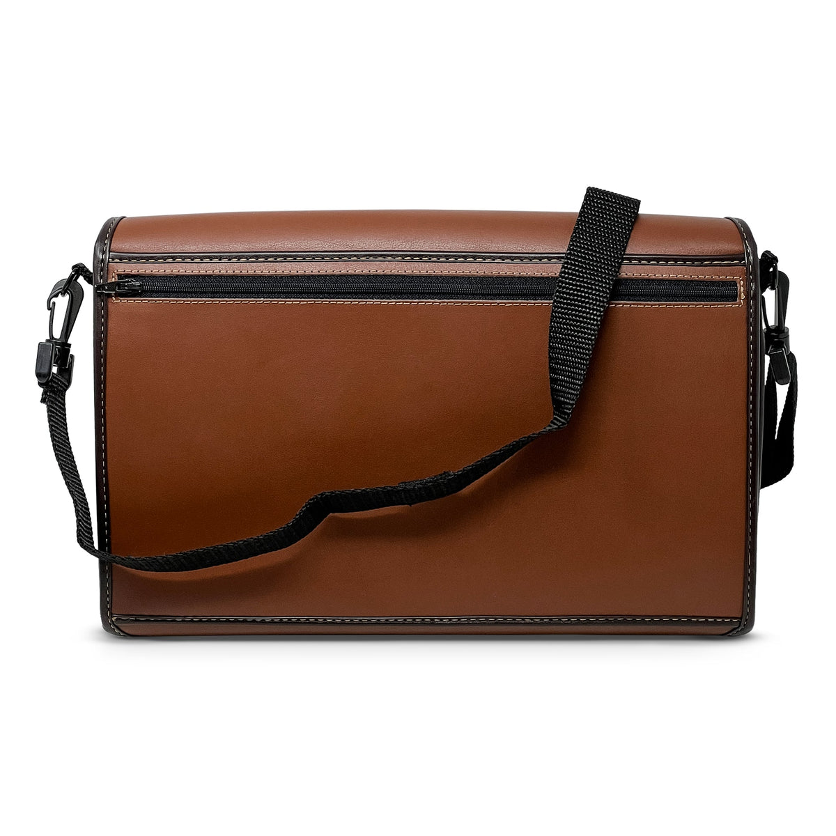 Closed saddle-brown Mantis Q40 case with its long zippered front accessory pocket and black shoulder strap draped across the protective cover.