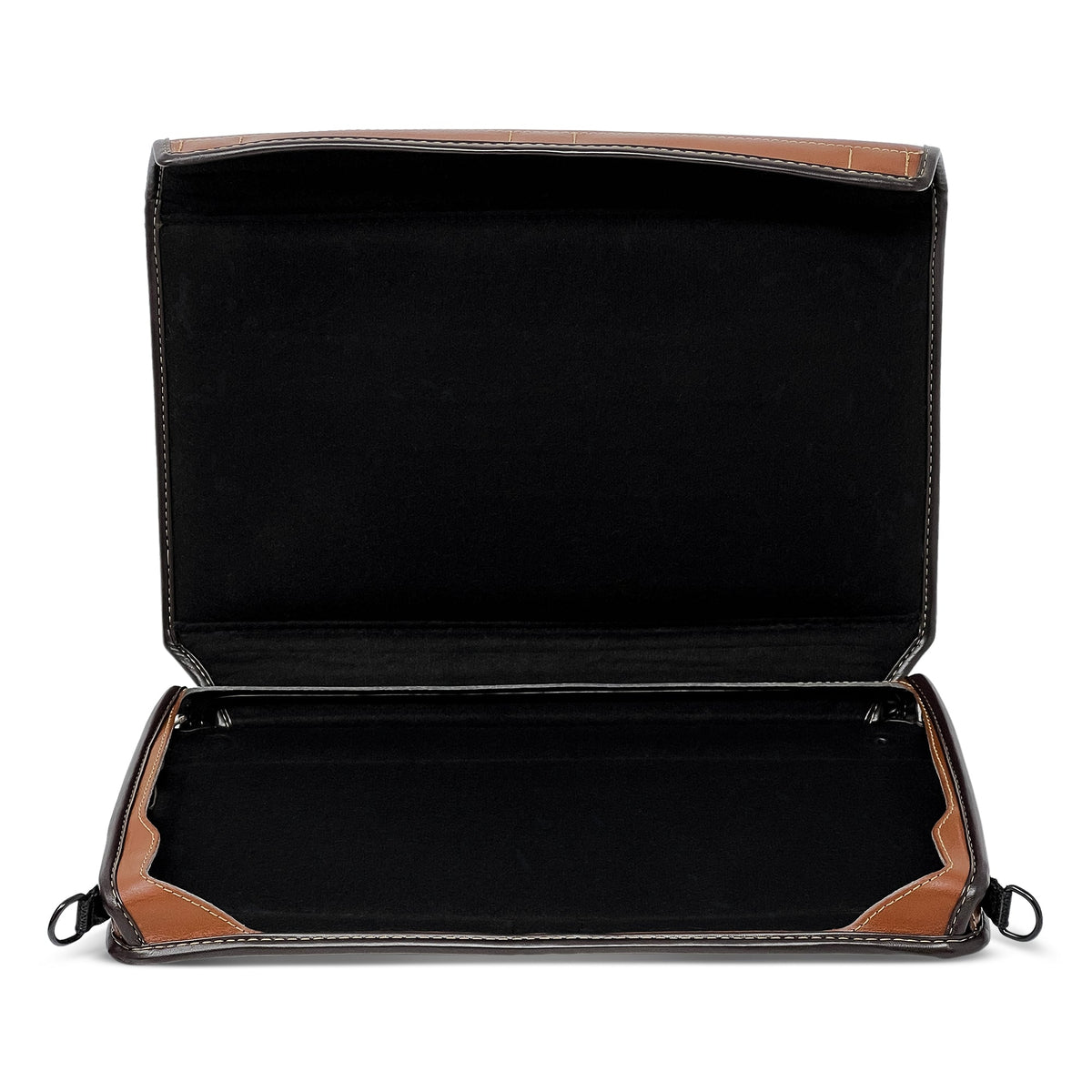 Empty Mantis Q40 saddle-brown case opened to show the black interior, leather corner guards and carrying strap rings.