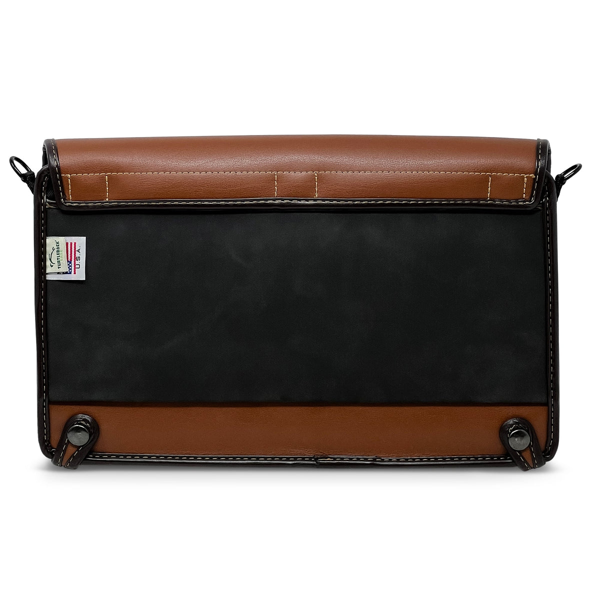 Back of the saddle-brown Mantis Q40 case showing its rectangular black panel, two metal snap fasteners and Turtleback USA label.