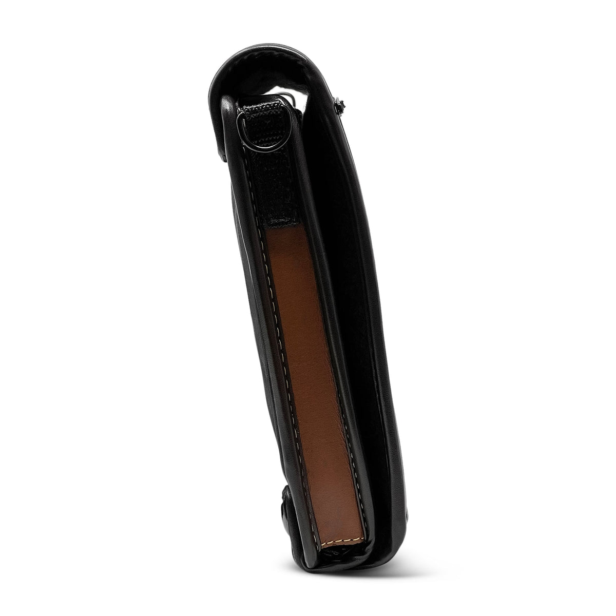 End view of the saddle-brown Mantis Q40 case showing its curved leather cover and metal carrying strap ring.