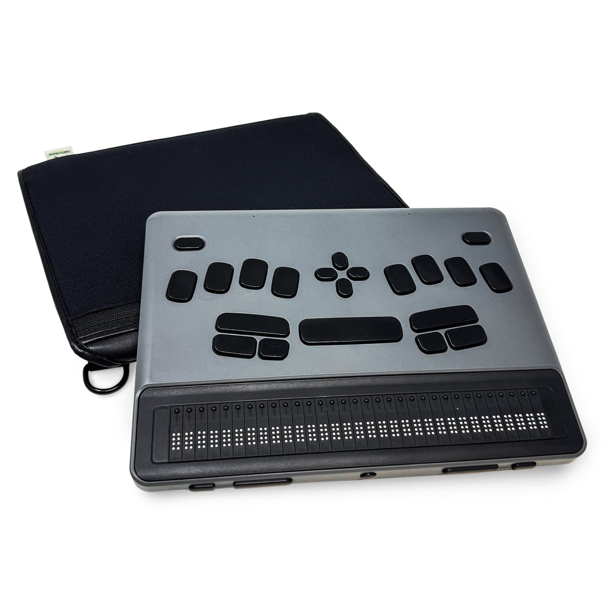 BrailleNote Evolve braille display placed in front of the black Turtleback carrying case, showing the case's closed flap and carrying ring.