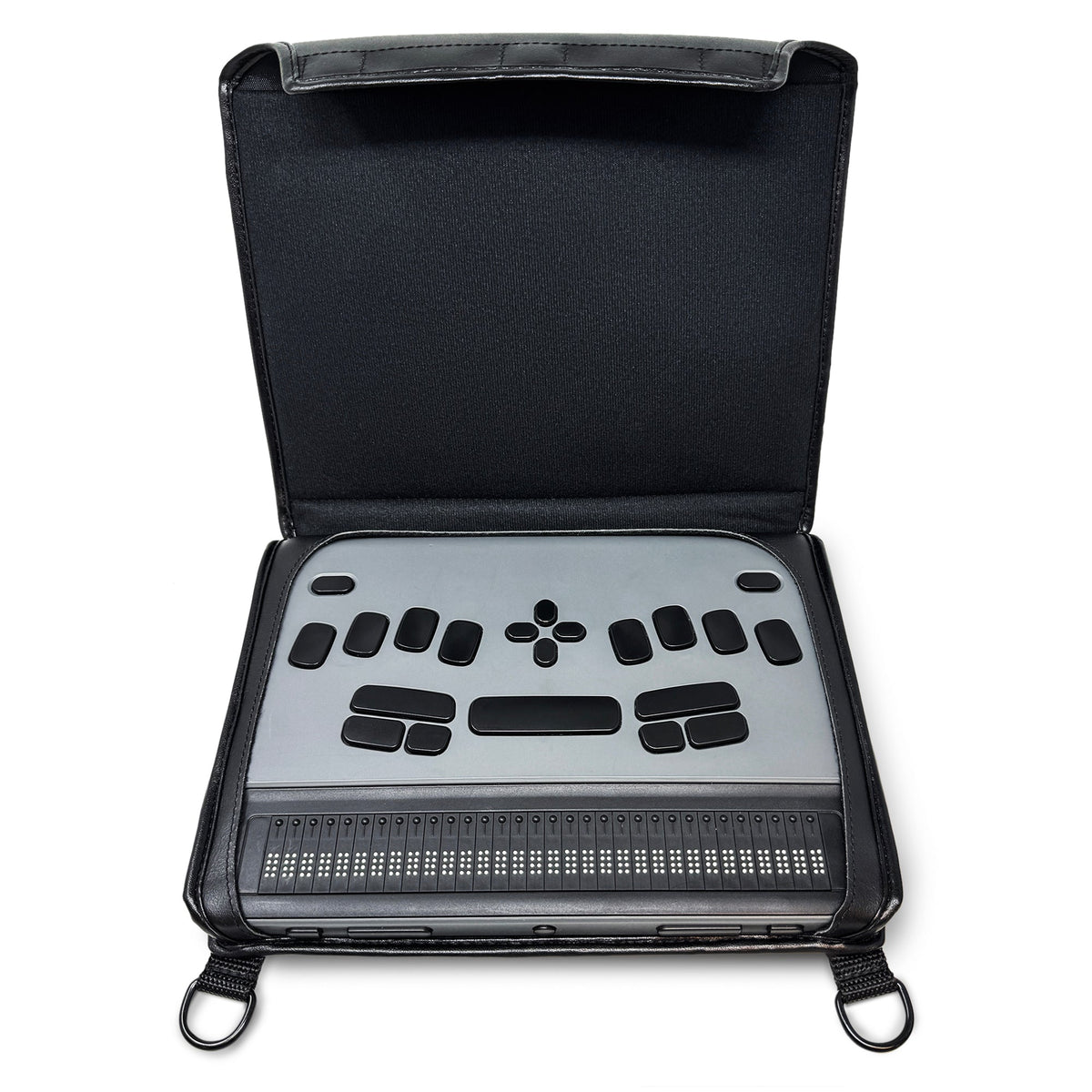 Open Turtleback case holding the BrailleNote Evolve, viewed from above with the protective flap folded upright and braille display exposed.