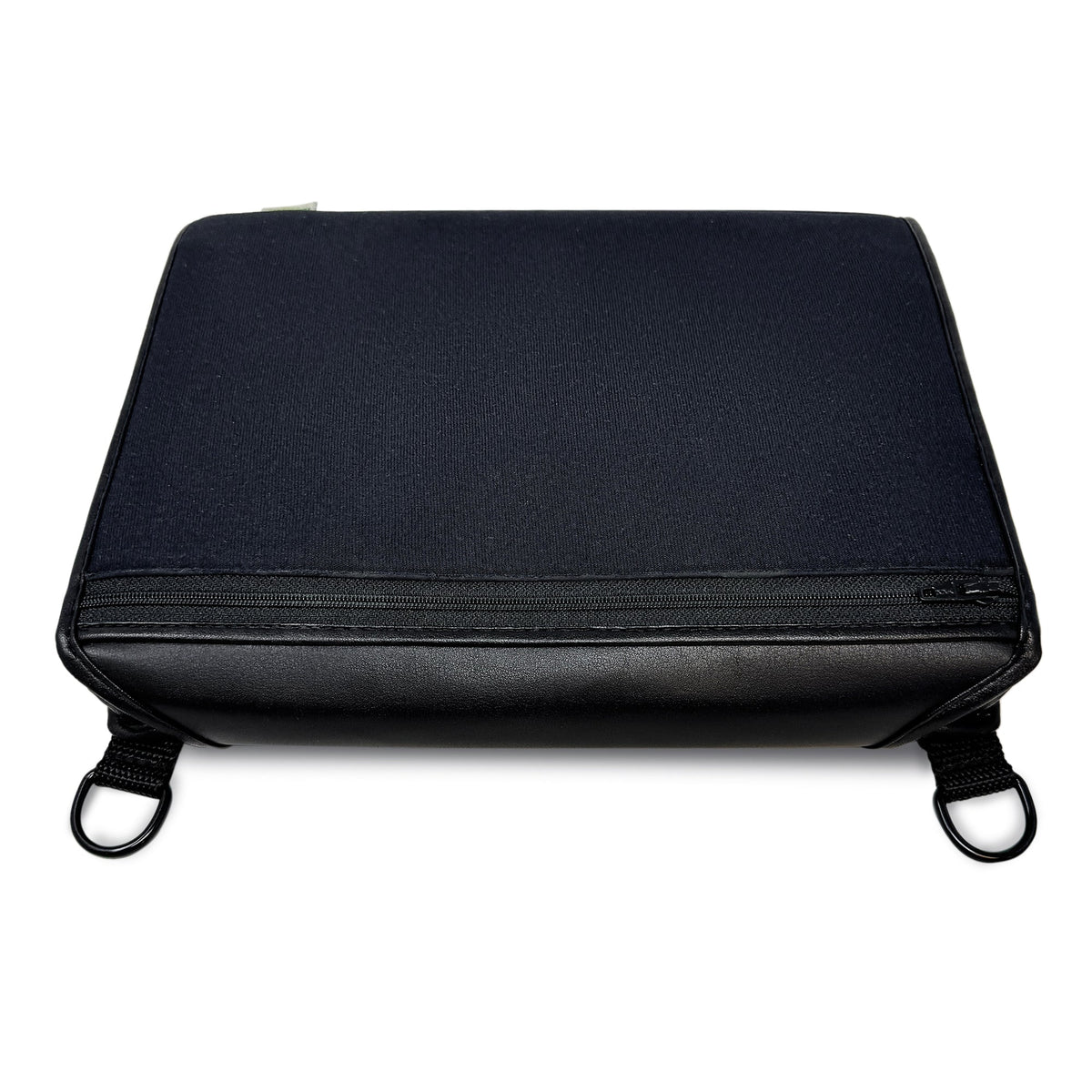 Closed black Turtleback BrailleNote Evolve case viewed from the front, showing its zippered outer pocket and two strap attachment rings.