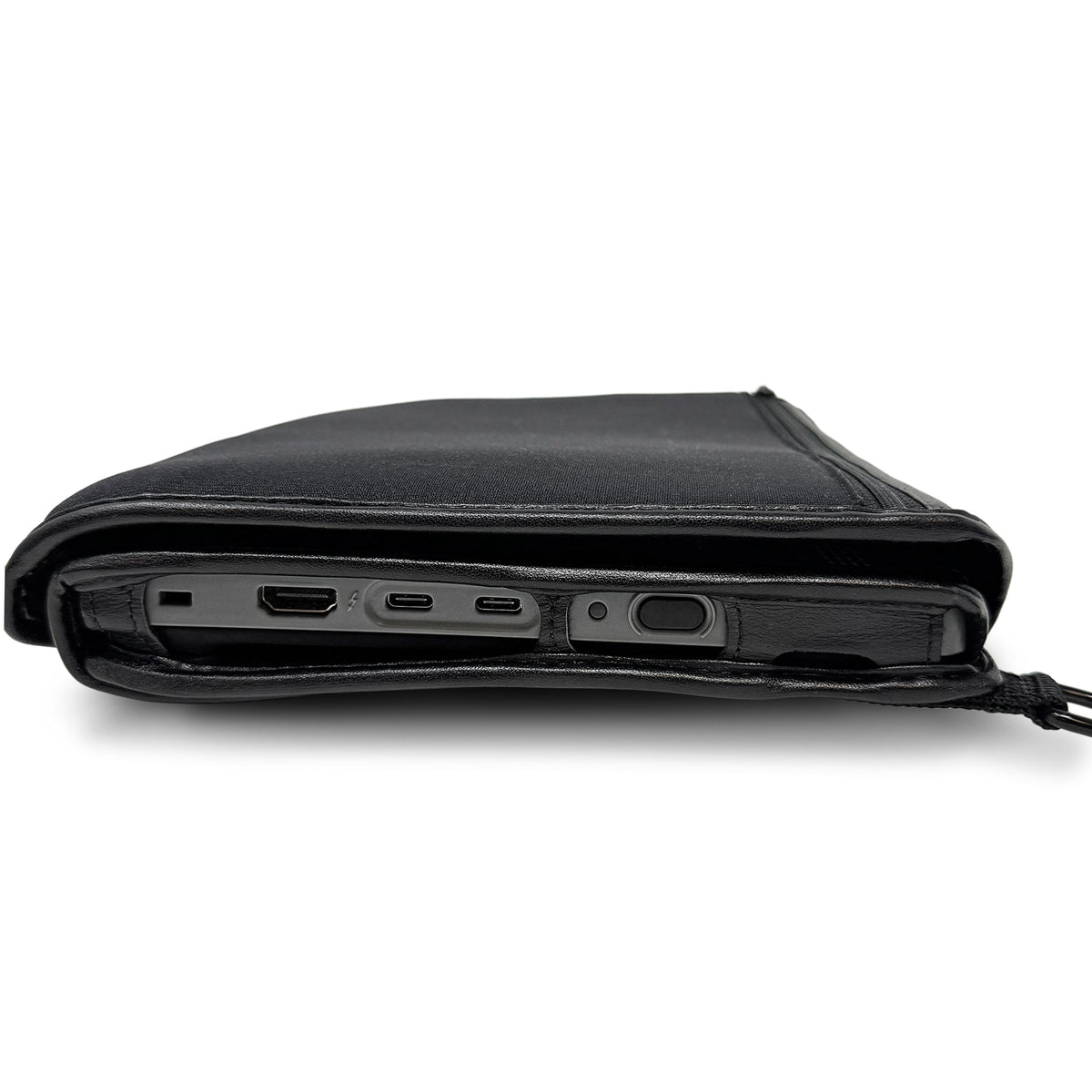 Side view of the closed Turtleback cover above the BrailleNote Evolve, with cutouts exposing connection ports and a side control.