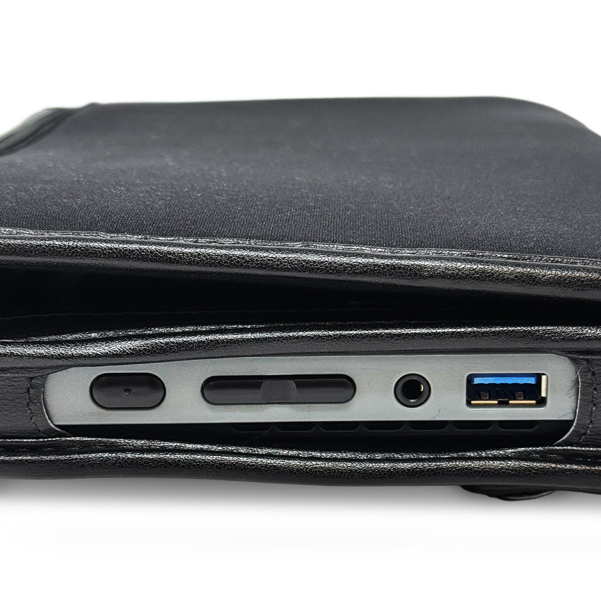 Close-up of the BrailleNote Evolve side in its case, with an exposed USB-A port, headphone jack and neighboring controls.