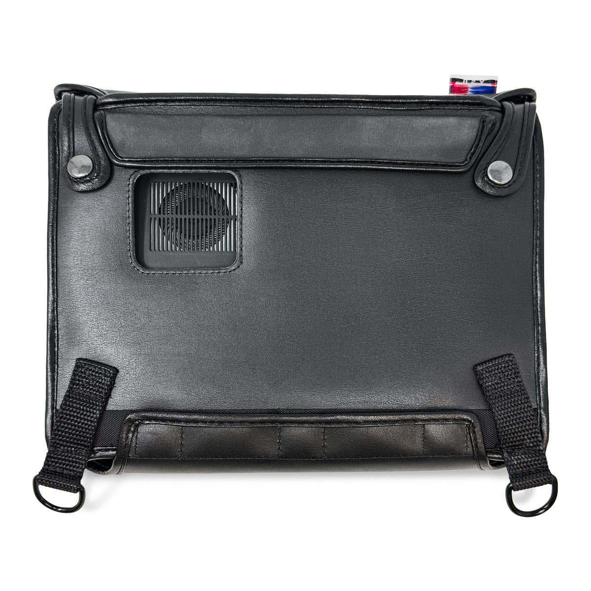 Underside of the black Turtleback BrailleNote Evolve case, showing the speaker opening, leather flap fasteners and two carrying rings.