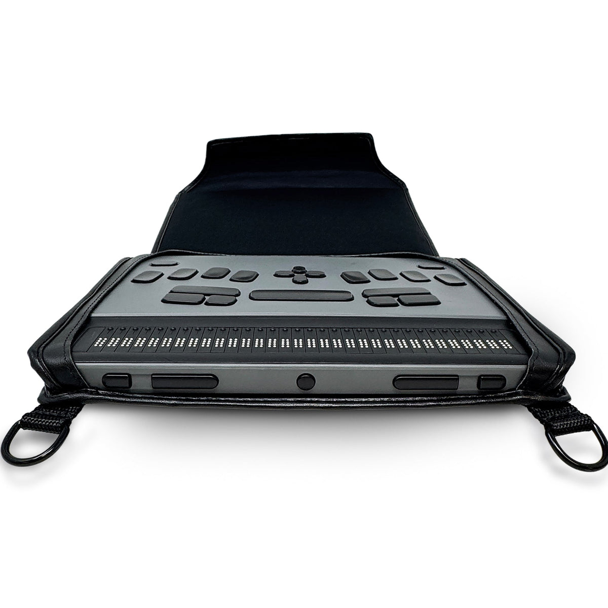 BrailleNote Evolve fitted in the open Turtleback case from a low front angle, with braille cells, controls and front edge accessible.
