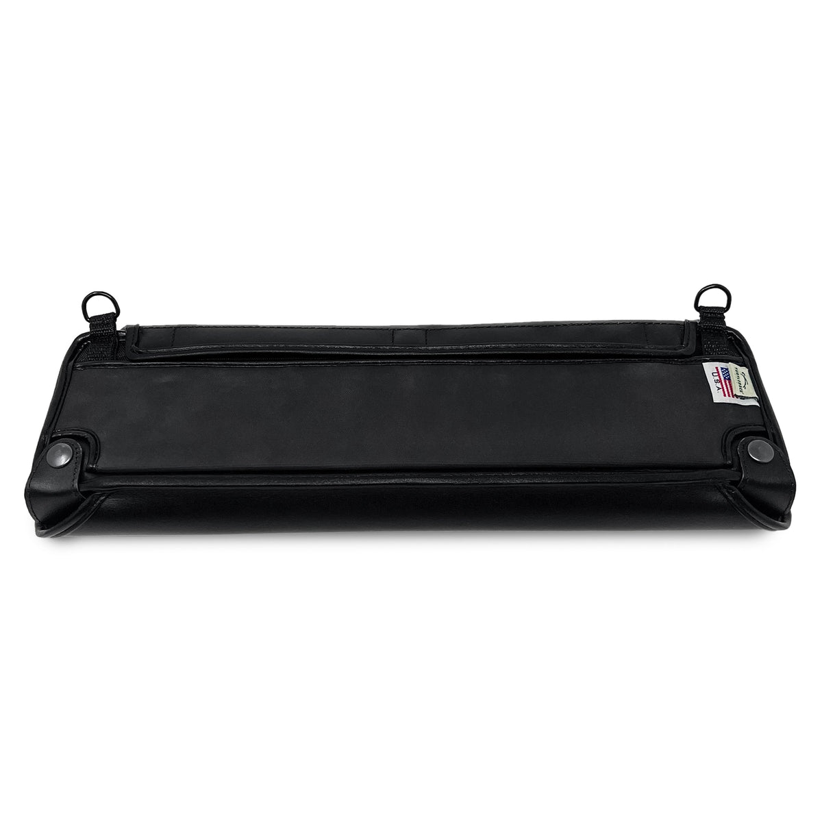 Back of the black bNote40 case showing stitched leather panels, metal snap fasteners, two shoulder-strap rings and Turtleback USA label.