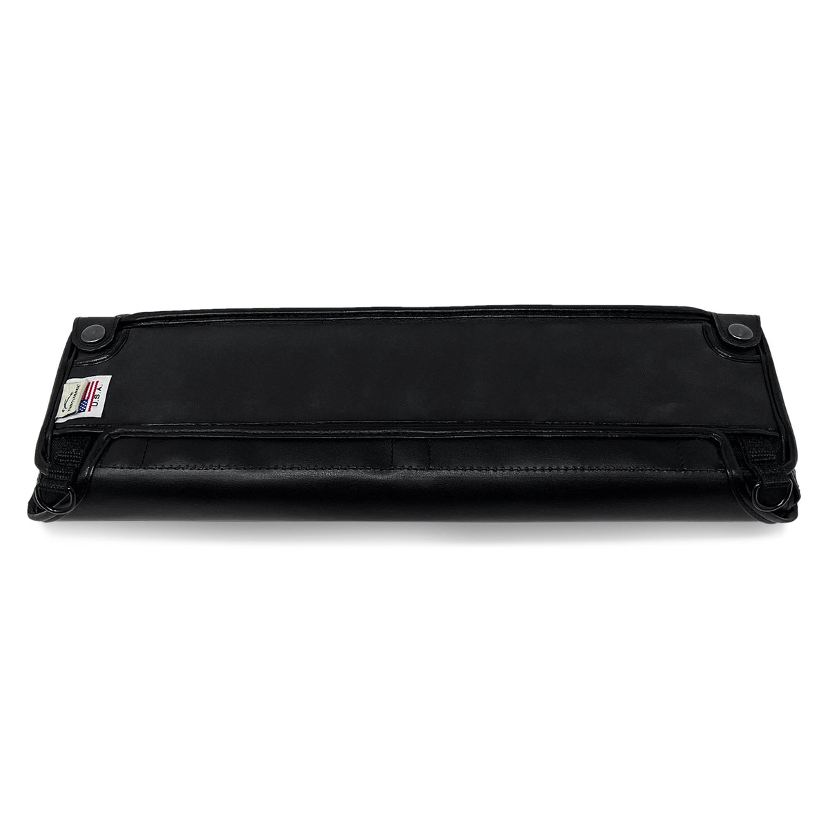 Opposite rear view of the bNote40 case, showing the padded leather carry grip, stitched border and corner fasteners.