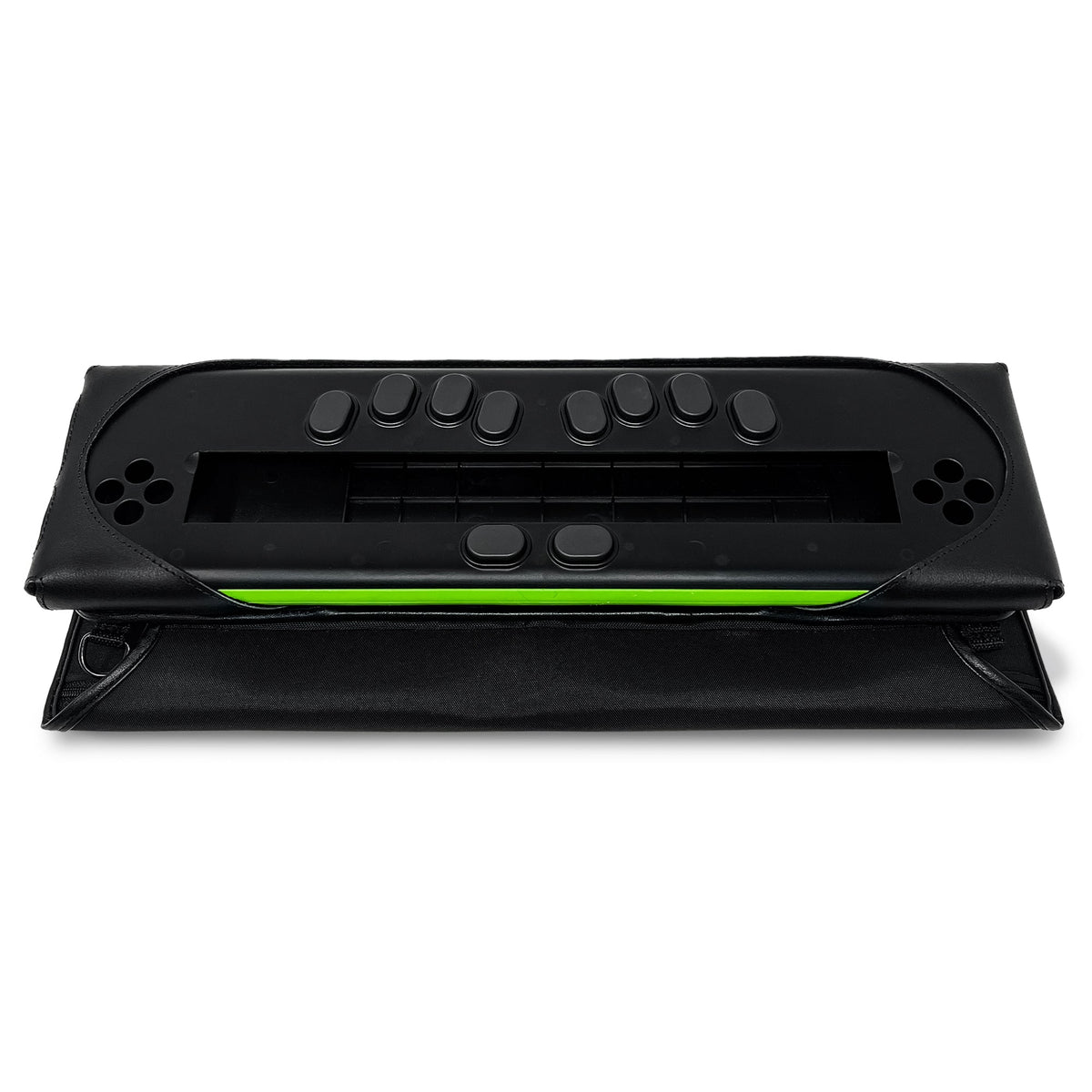 Eurobraille bNote40 seated in its open black Turtleback case, with eight braille input keys, two lower buttons and a bright green device edge exposed above the folded cover.