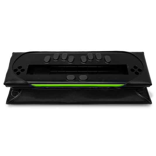 Eurobraille bNote40 seated in its open black Turtleback case, with eight braille input keys, two lower buttons and a bright green device edge exposed above the folded cover.