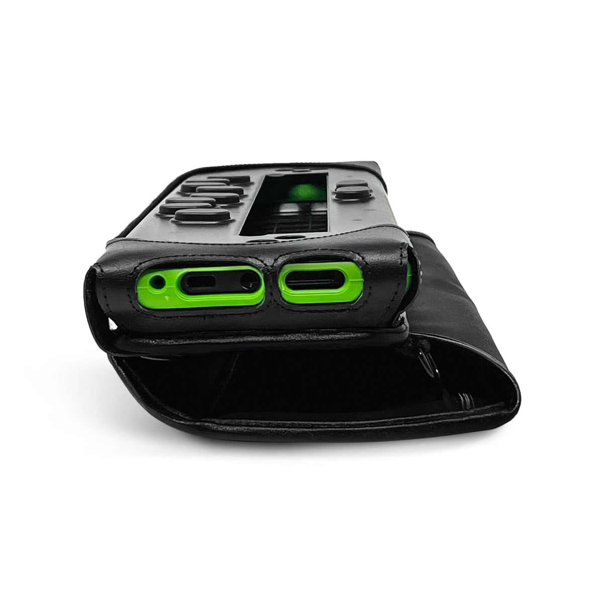 End view of the bNote40 in its open case, showing bright green end panels, two port openings, black leather protection and the cover folded beneath.