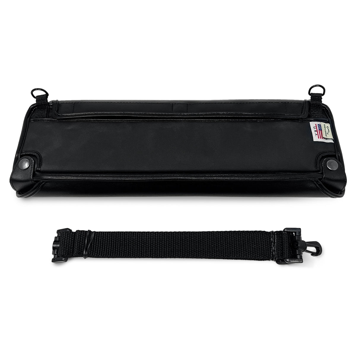 Back of the bNote40 black fitted case with two strap rings, snapped leather corners and the separate adjustable black shoulder strap.
