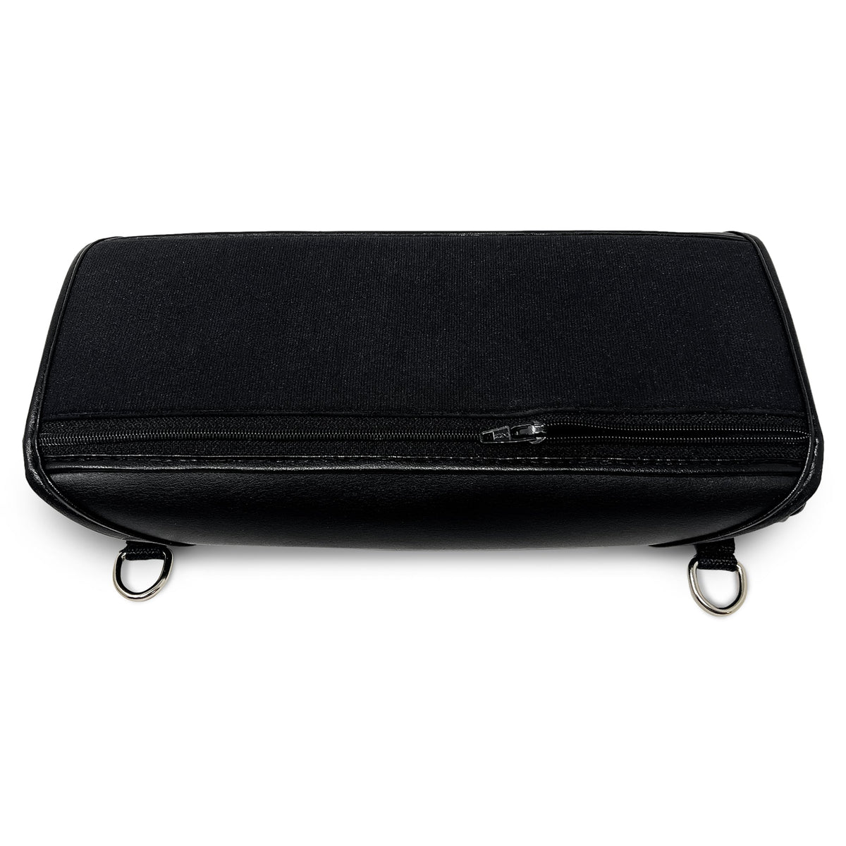 Closed black fitted case for Eurobraille bNote20, with a wide fabric zipper pocket on the front and two metal carrying rings.