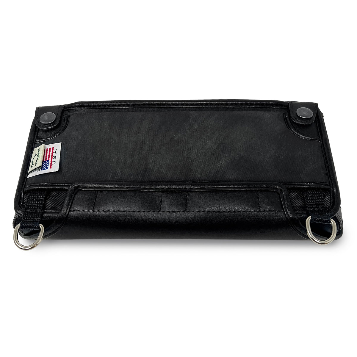 Back of the bNote20 case showing leather straps with metal snap fasteners, stitched backing and shoulder-strap rings.