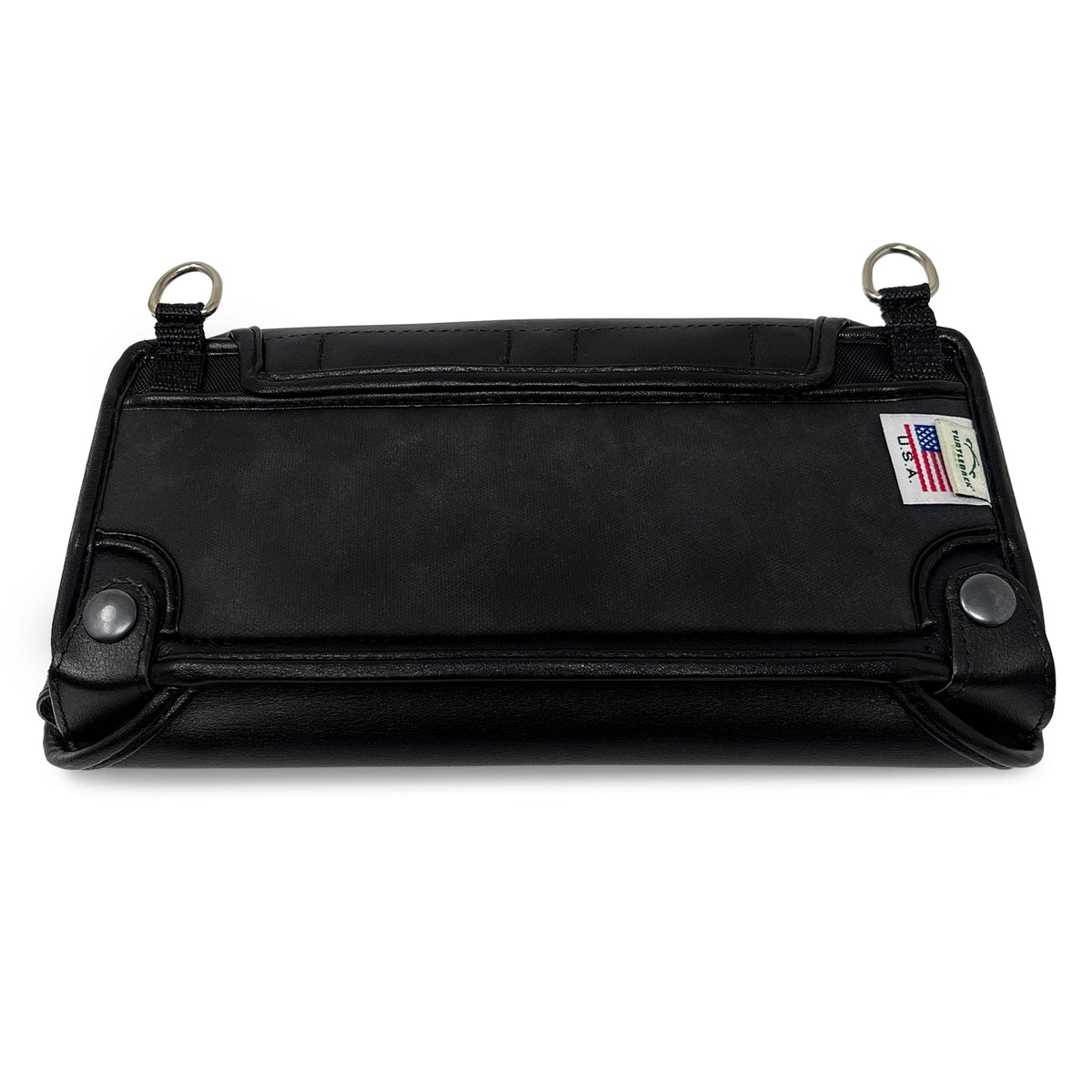Reverse view of the bNote20 case with snap-fastened leather corners, two metal carrying rings and Turtleback USA label.