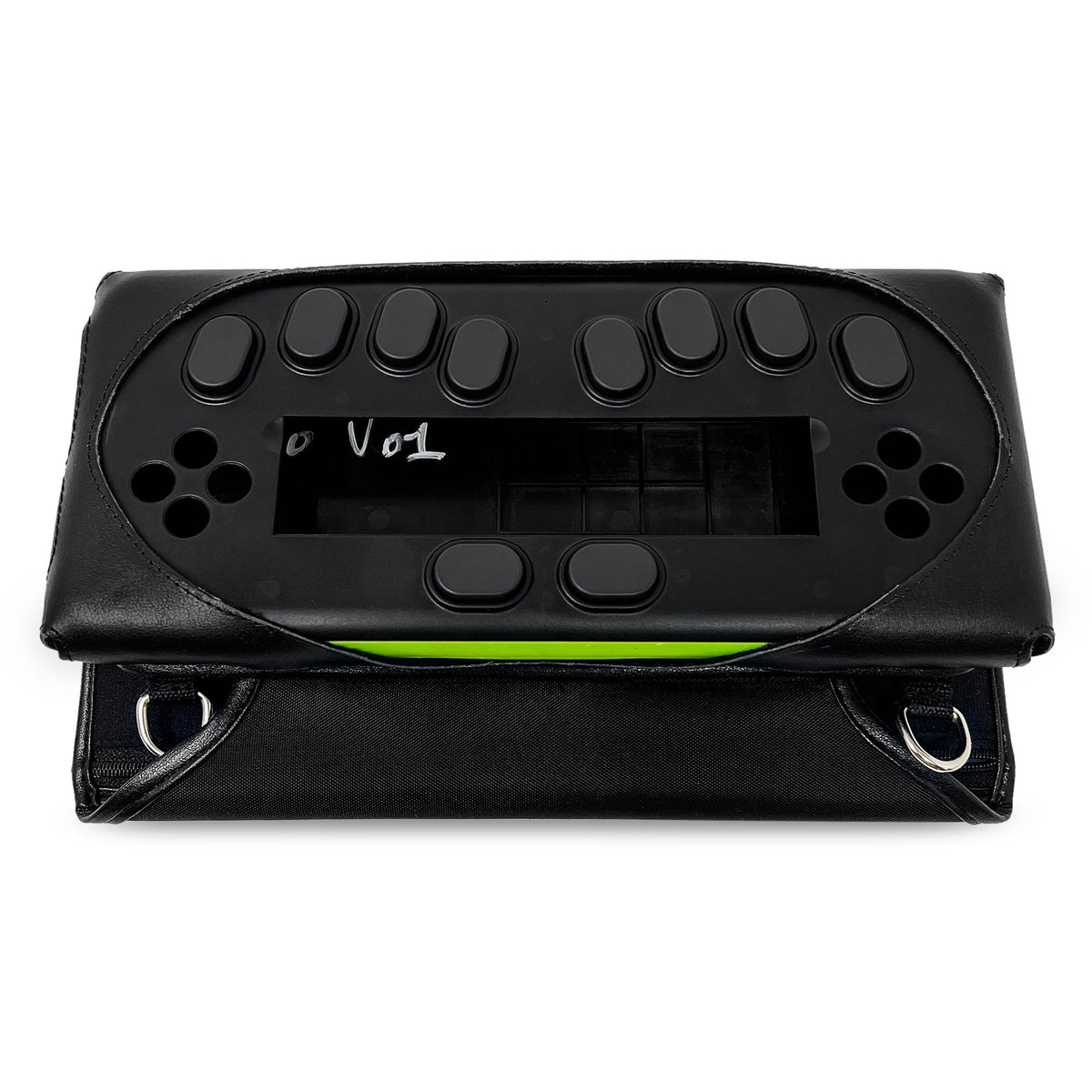 Eurobraille bNote20 secured in its open black Turtleback case, with braille input buttons, front controls and rectangular center opening accessible.
