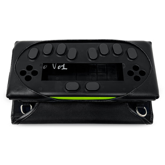 Eurobraille bNote20 secured in its open black Turtleback case, with braille input buttons, front controls and rectangular center opening accessible.