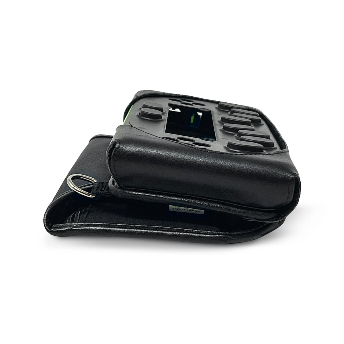 Angled view of the open bNote20 case showing raised controls around its central opening and rounded protective leather corners.