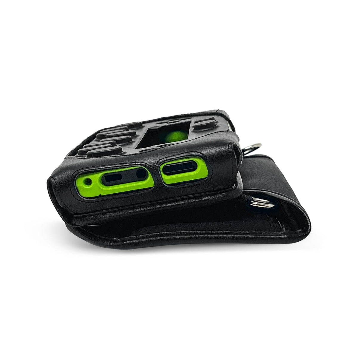 Side of the bNote20 in its black fitted case, with the device's lime-green chassis and two openings exposed beneath the leather.