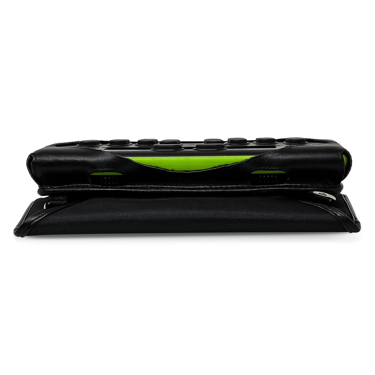 Low side view of the bNote20 case showing the lime-green device edge between leather corner guards and the protective cover folded underneath.