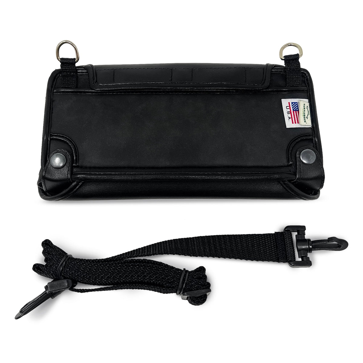 Rear of the bNote20 fitted case with the detachable adjustable shoulder strap, metal rings, snap fasteners and Turtleback label.