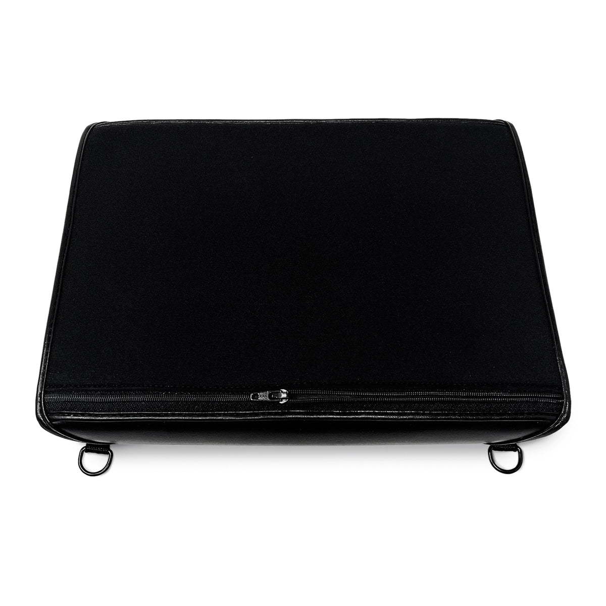 Closed black Eurobraille bBook32 case seen from the front, with a wide zippered accessory pouch and two metal shoulder strap rings.