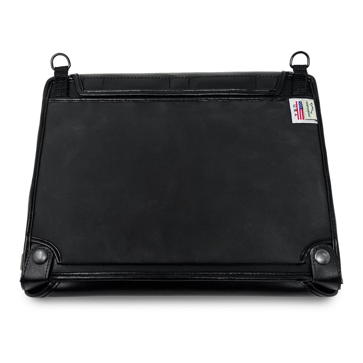 Rear of the bBook32 case showing two snap-fastened leather corner straps, carrying rings and Turtleback USA label.