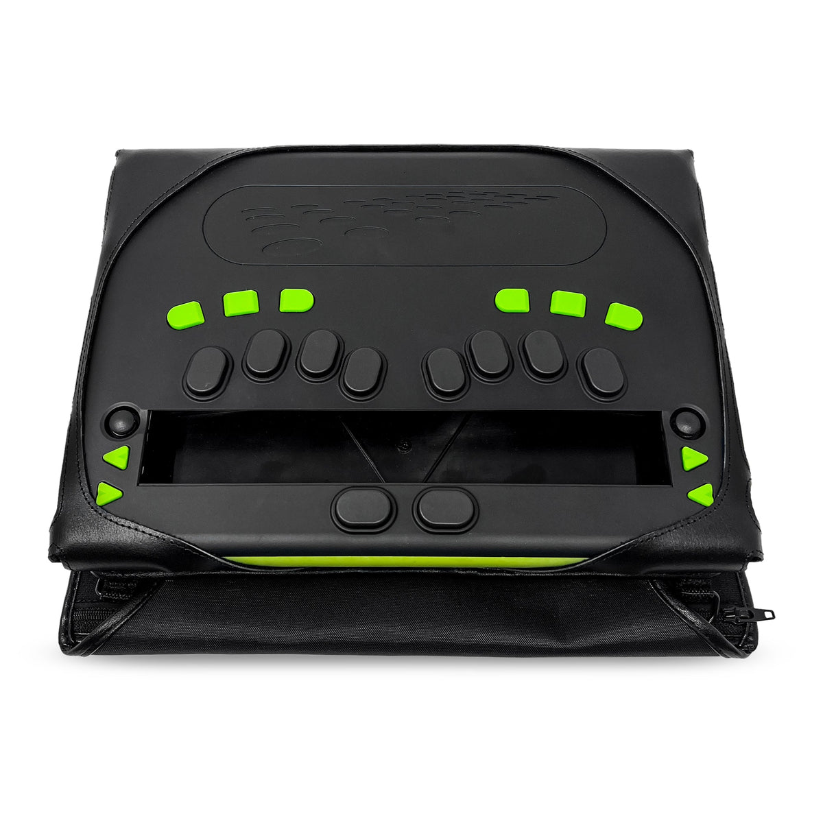Eurobraille bBook32 braille device fitted in the open black case, showing lime-green and black braille input keys, navigation buttons and accessible central display.