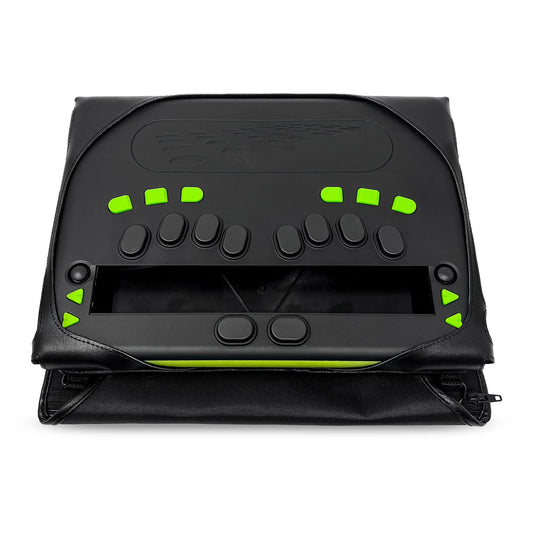 Eurobraille bBook32 braille device fitted in the open black case, showing lime-green and black braille input keys, navigation buttons and accessible central display.