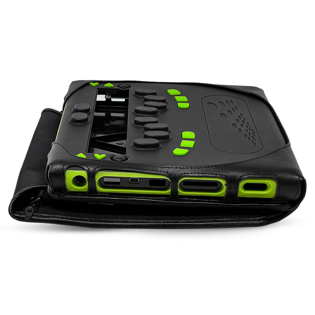 End view of the bBook32 case showing its lime-green port surrounds, several exposed connectors and an open protective flap beneath the device.