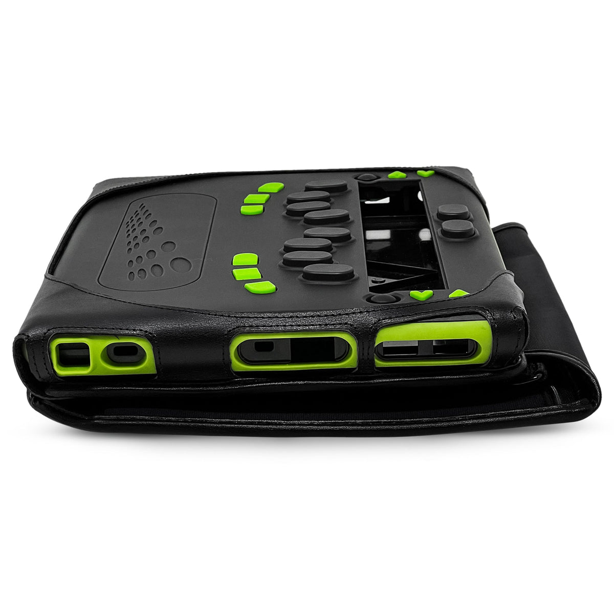 Opposite side of the bBook32 case exposing lime-green device edges and three connector openings beside the braille input keys.