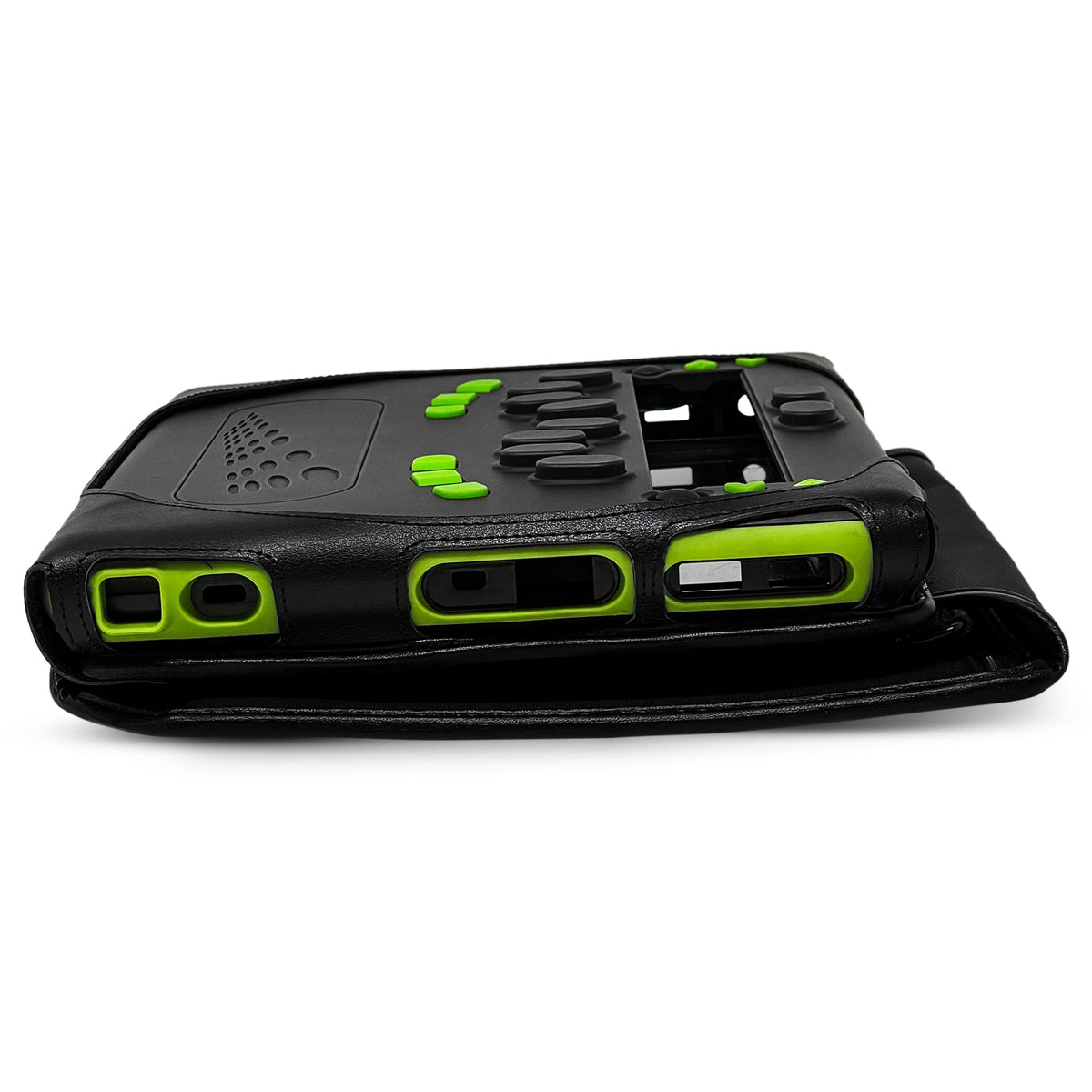 Angled side view of the bBook32 case, showing the lime-green ports and the protective flap folded under the device.