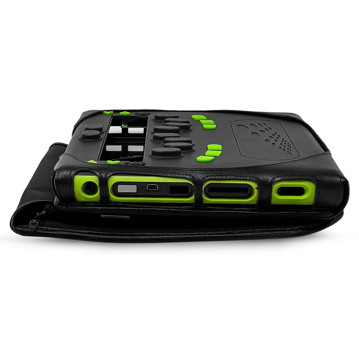 Side of the bBook32 in its fitted black case, with accessible ports, lime-green controls and stitched leather protective corners.