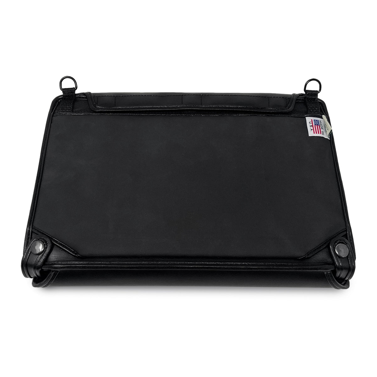 Back panel of the bBook32 case showing fitted leather corners, metal snaps and a Turtleback USA label.