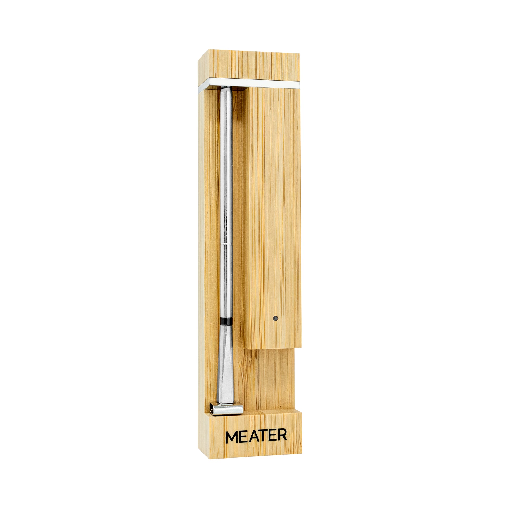 MEATER smart meat thermometer in a wooden block stand.