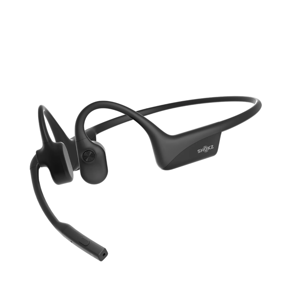 Shokz OpenComm 2 Bone Conduction Headset in Black, side view with attached boom microphone.